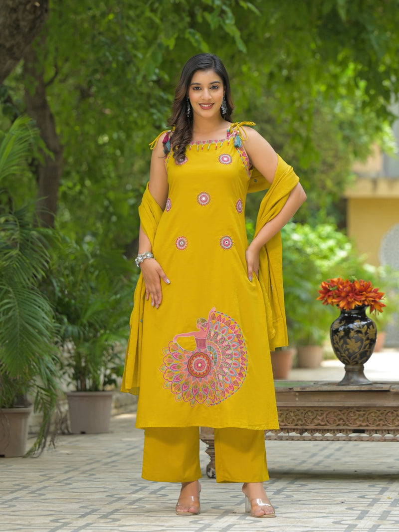 Pure Cotton Heavy Embroidered Sleeveless Suit Set with Dori Work