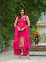 Pure Cotton Heavy Embroidered Sleeveless Suit Set with Dori Work