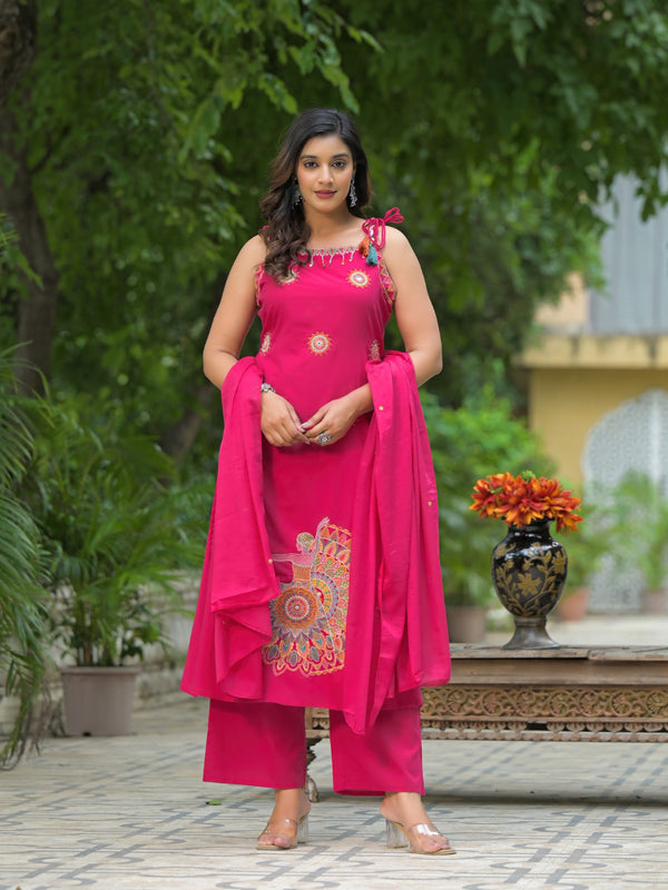 Pure Cotton Heavy Embroidered Sleeveless Suit Set with Dori Work