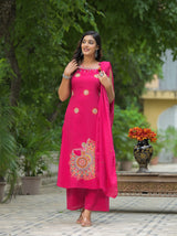Pure Cotton Heavy Embroidered Sleeveless Suit Set with Dori Work