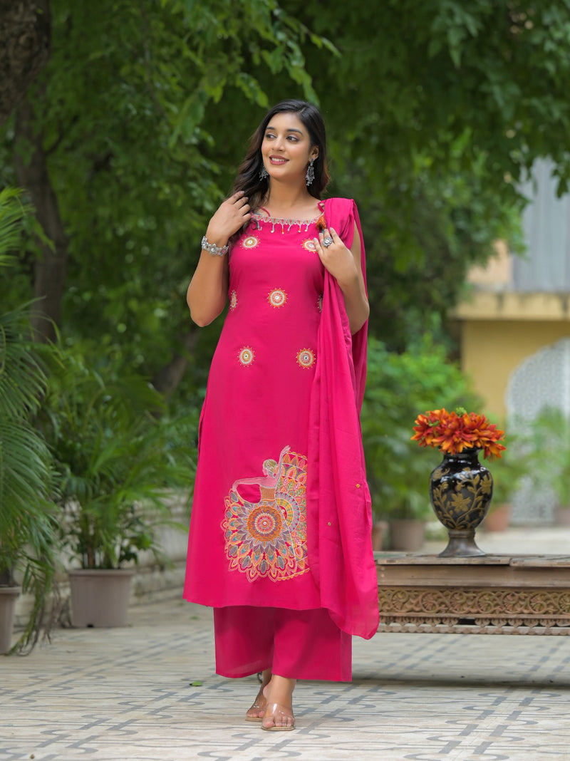 Pure Cotton Heavy Embroidered Sleeveless Suit Set with Dori Work
