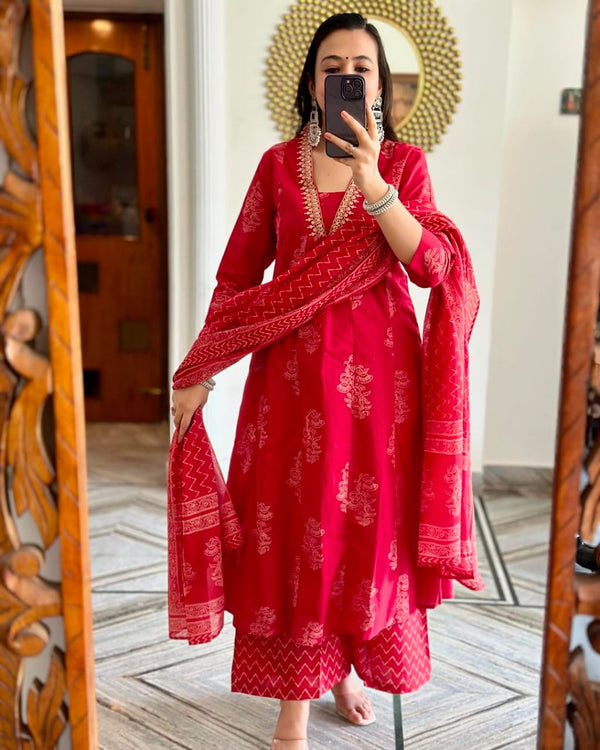 Red Cotton Suit Set with Golden Print &amp; Mulmul Dupatta