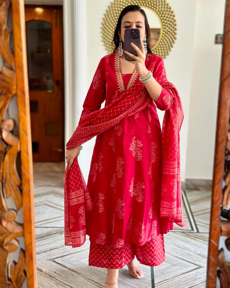 Red Cotton Suit Set with Golden Print &amp; Mulmul Dupatta