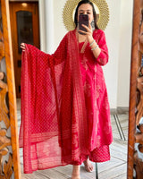 Red Cotton Suit Set with Golden Print &amp; Mulmul Dupatta