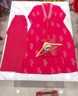 Red Cotton Suit Set with Golden Print &amp; Mulmul Dupatta