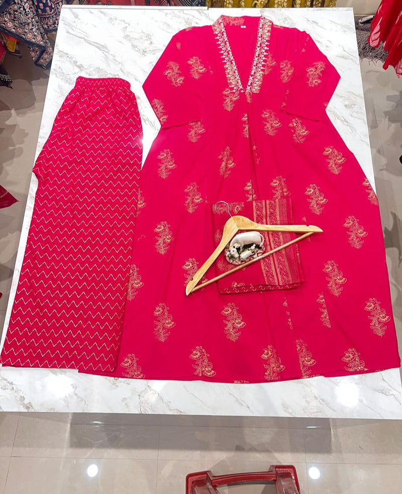 Red Cotton Suit Set with Golden Print &amp; Mulmul Dupatta