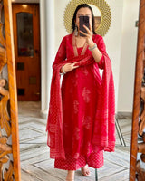 Red Cotton Suit Set with Golden Print &amp; Mulmul Dupatta