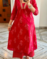 Red Cotton Suit Set with Golden Print &amp; Mulmul Dupatta