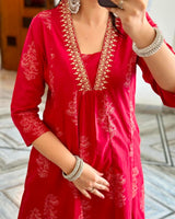 Red Cotton Suit Set with Golden Print &amp; Mulmul Dupatta