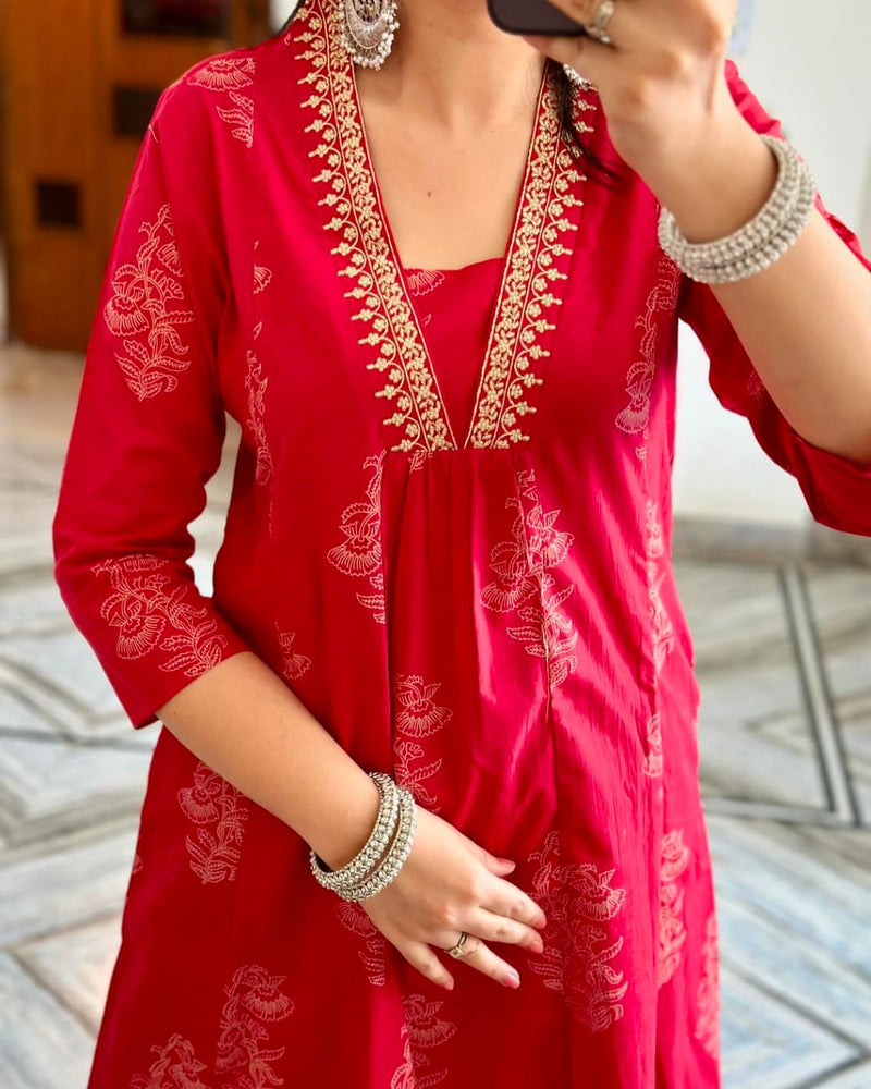 Red Cotton Suit Set with Golden Print &amp; Mulmul Dupatta