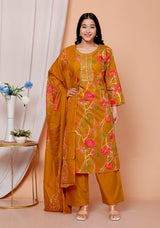 Elegant Heavy Cotton Embroidered Kurti Pant Dupatta Set