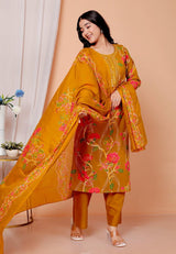 Elegant Heavy Cotton Embroidered Kurti Pant Dupatta Set