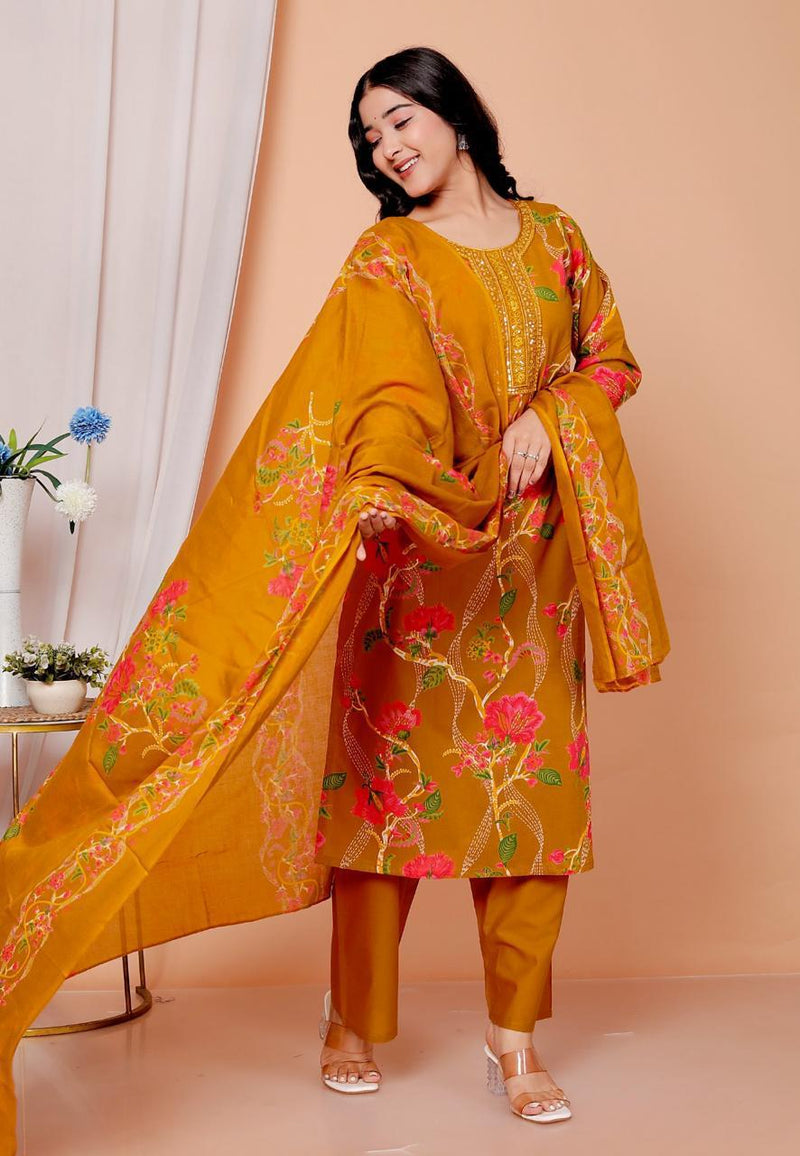 Elegant Heavy Cotton Embroidered Kurti Pant Dupatta Set