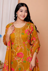 Elegant Heavy Cotton Embroidered Kurti Pant Dupatta Set