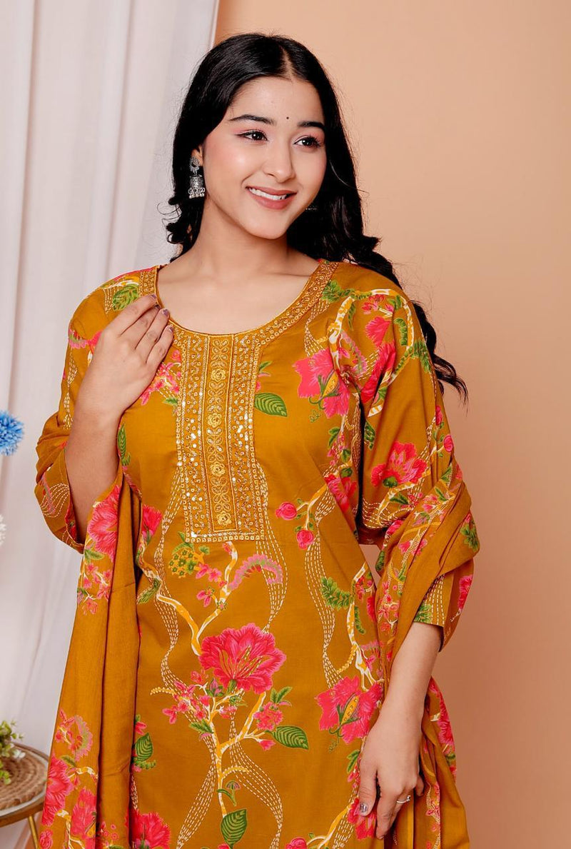 Elegant Heavy Cotton Embroidered Kurti Pant Dupatta Set