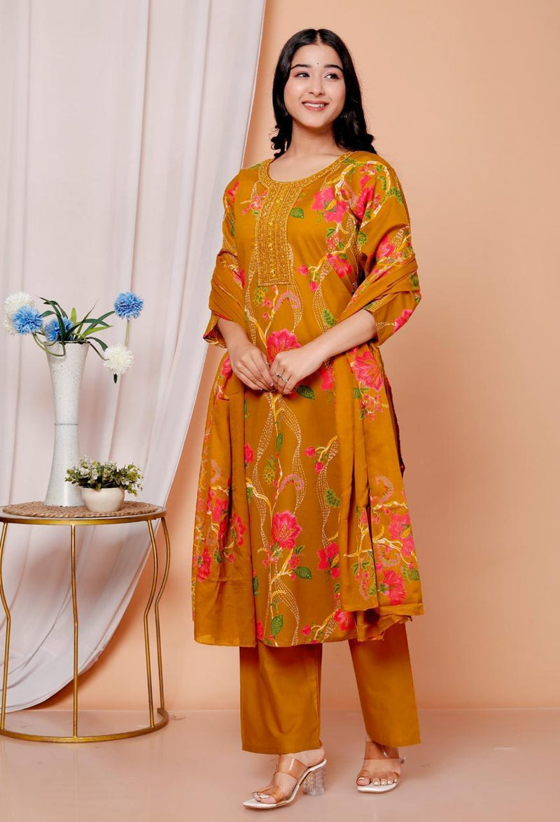Elegant Heavy Cotton Embroidered Kurti Pant Dupatta Set