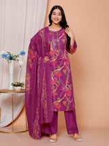 Elegant Heavy Cotton Embroidered Kurti Pant Dupatta Set