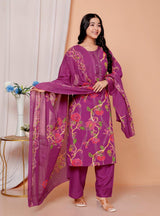 Elegant Heavy Cotton Embroidered Kurti Pant Dupatta Set