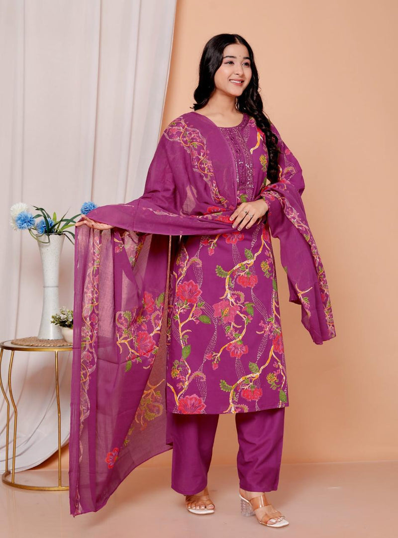 Elegant Heavy Cotton Embroidered Kurti Pant Dupatta Set