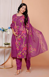 Elegant Heavy Cotton Embroidered Kurti Pant Dupatta Set