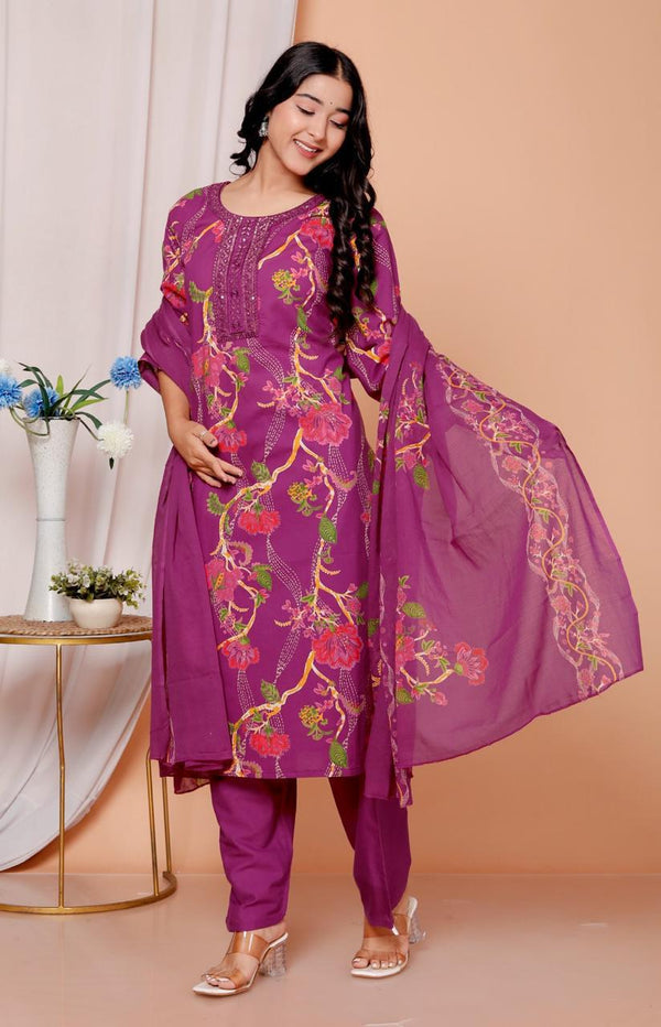 Elegant Heavy Cotton Embroidered Kurti Pant Dupatta Set