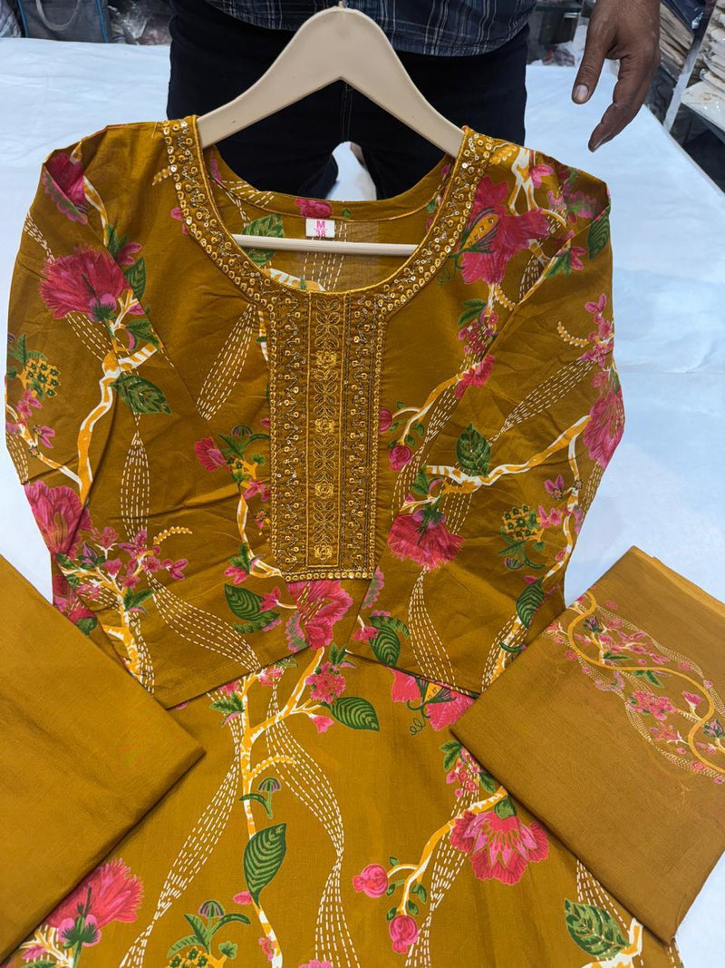 Elegant Heavy Cotton Embroidered Kurti Pant Dupatta Set