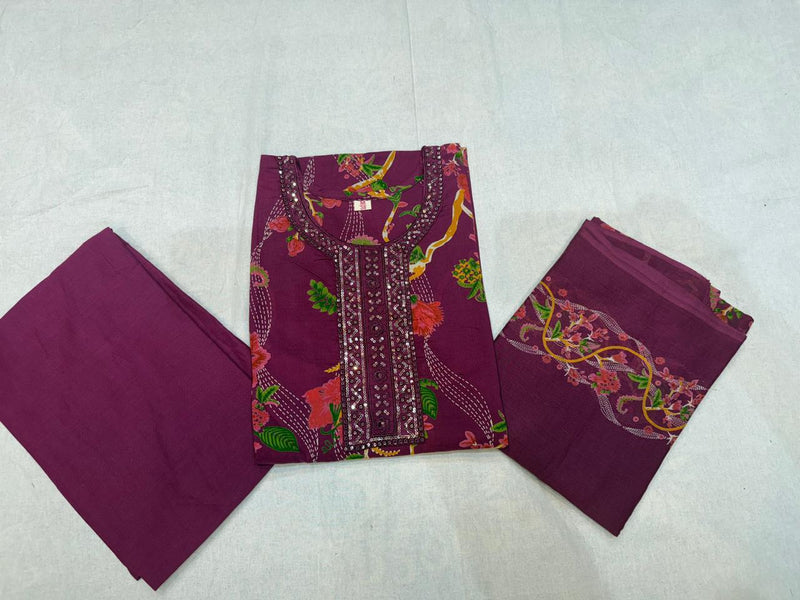 Elegant Heavy Cotton Embroidered Kurti Pant Dupatta Set