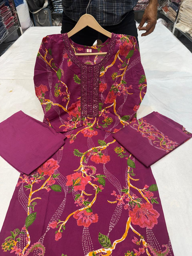 Elegant Heavy Cotton Embroidered Kurti Pant Dupatta Set