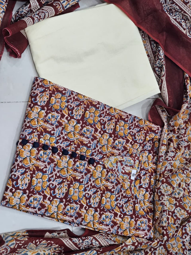 Premium Kalamkari Heavy Cotton Kurti Pant Dupatta Set