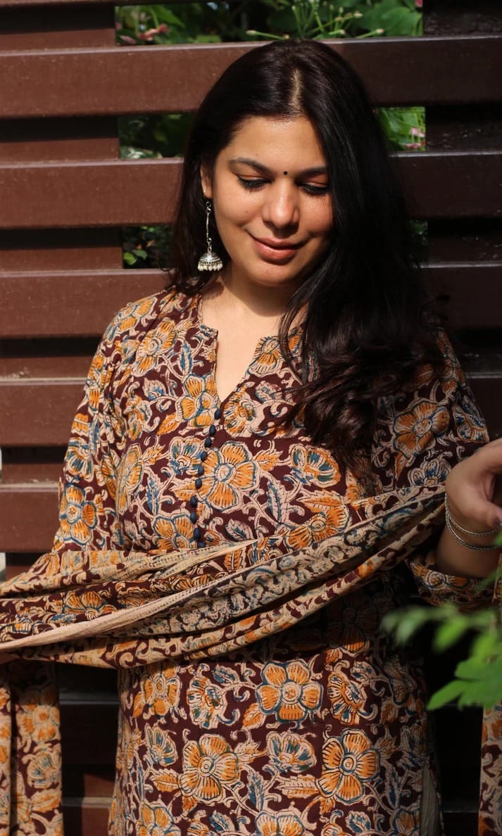 Premium Kalamkari Heavy Cotton Kurti Pant Dupatta Set