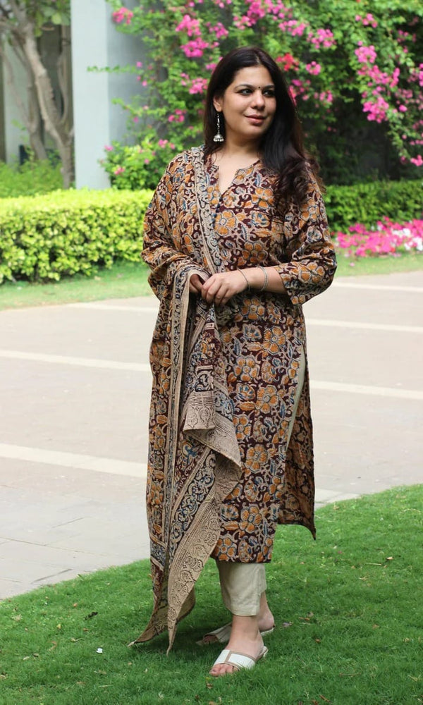 Premium Kalamkari Heavy Cotton Kurti Pant Dupatta Set