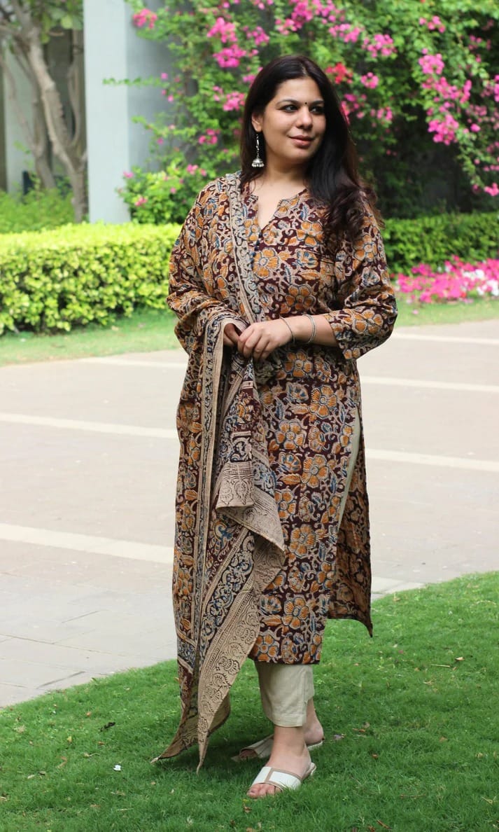 Premium Kalamkari Heavy Cotton Kurti Pant Dupatta Set