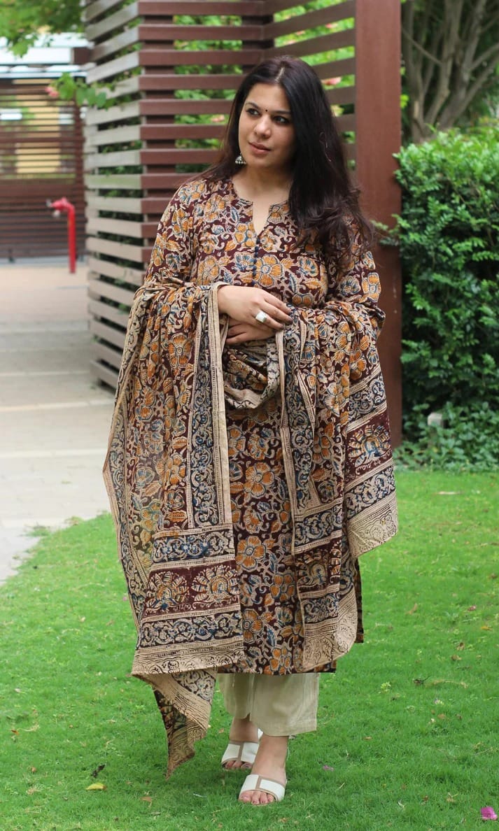 Premium Kalamkari Heavy Cotton Kurti Pant Dupatta Set