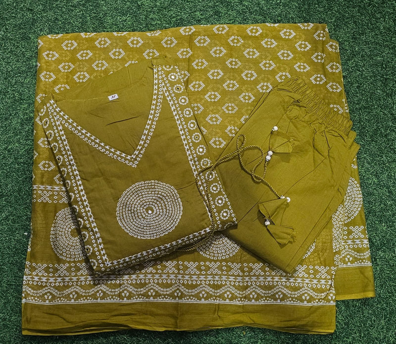 Elegant Cotton Anarkali Kurta Pant Dupatta Set with Hand & Adda Work