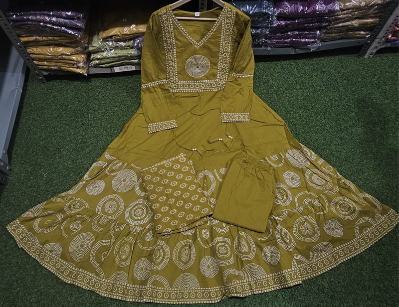 Elegant Cotton Anarkali Kurta Pant Dupatta Set with Hand & Adda Work