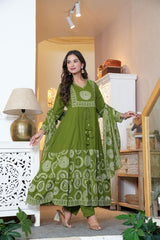 Elegant Cotton Anarkali Kurta Pant Dupatta Set with Hand & Adda Work
