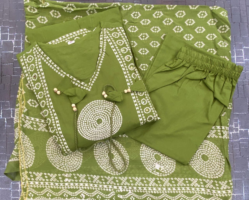 Elegant Cotton Anarkali Kurta Pant Dupatta Set with Hand & Adda Work