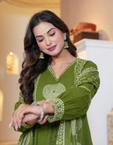 Elegant Cotton Anarkali Kurta Pant Dupatta Set with Hand & Adda Work