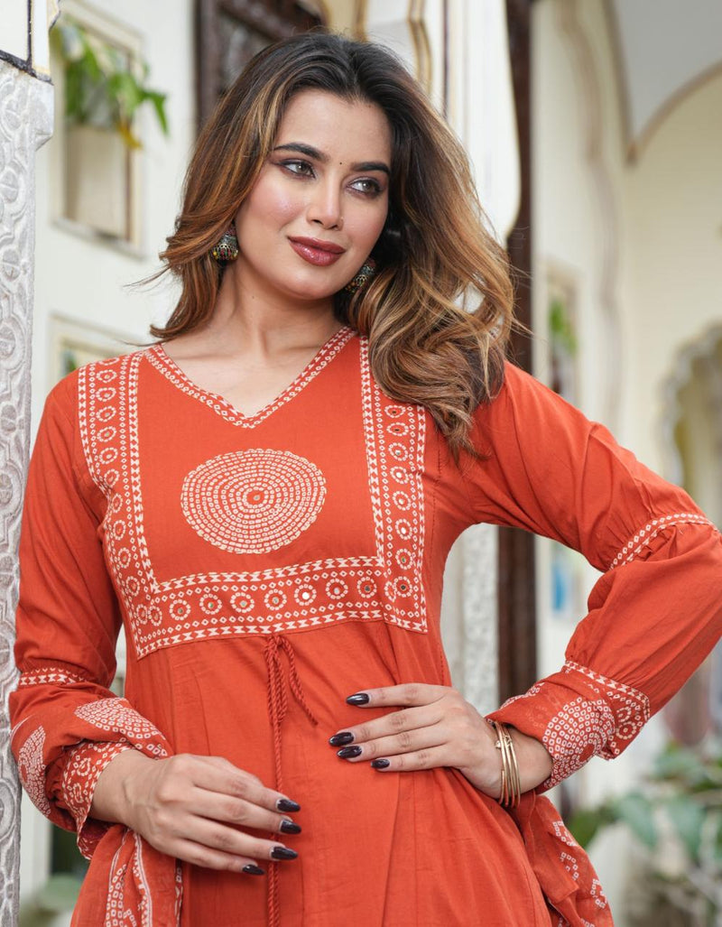 Elegant Cotton Anarkali Kurta Pant Dupatta Set with Hand & Adda Work