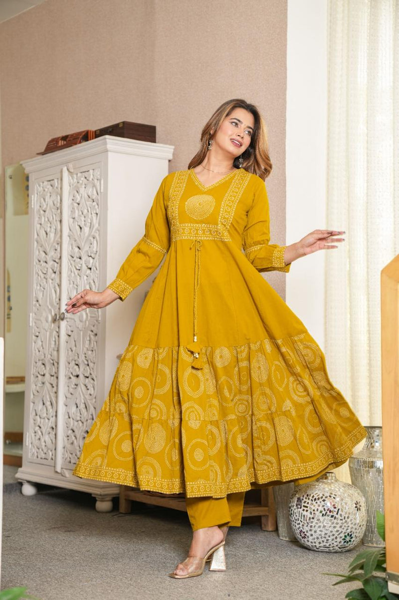 Elegant Cotton Anarkali Kurta Pant Dupatta Set with Hand & Adda Work