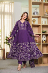 Elegant Cotton Anarkali Kurta Pant Dupatta Set with Hand & Adda Work