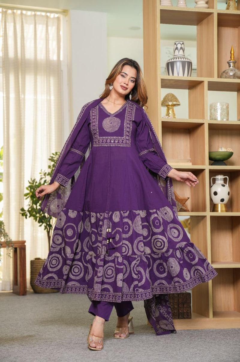 Elegant Cotton Anarkali Kurta Pant Dupatta Set with Hand & Adda Work