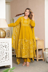 Elegant Cotton Anarkali Kurta Pant Dupatta Set with Hand & Adda Work