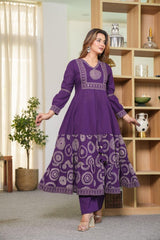 Elegant Cotton Anarkali Kurta Pant Dupatta Set with Hand & Adda Work