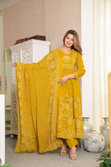 Elegant Cotton Anarkali Kurta Pant Dupatta Set with Hand & Adda Work