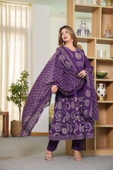 Elegant Cotton Anarkali Kurta Pant Dupatta Set with Hand & Adda Work