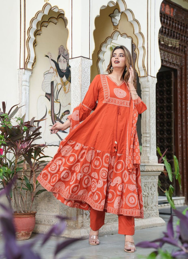 Elegant Cotton Anarkali Kurta Pant Dupatta Set with Hand & Adda Work