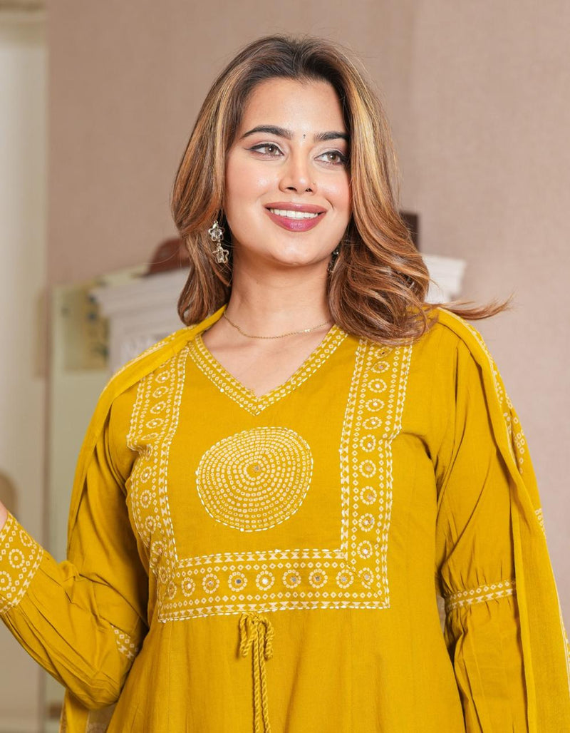 Elegant Cotton Anarkali Kurta Pant Dupatta Set with Hand & Adda Work