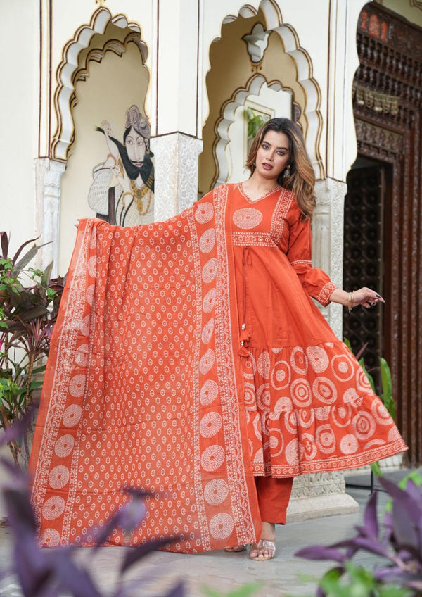 Elegant Cotton Anarkali Kurta Pant Dupatta Set with Hand & Adda Work