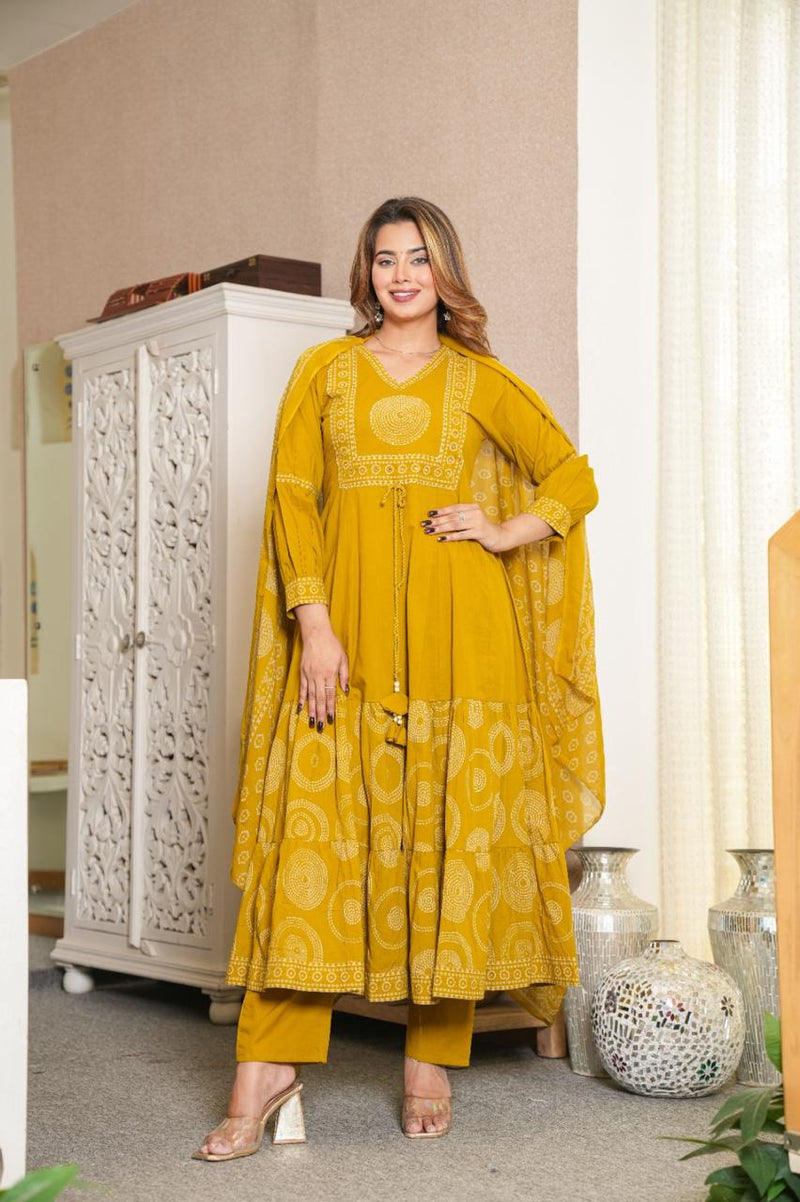 Elegant Cotton Anarkali Kurta Pant Dupatta Set with Hand & Adda Work